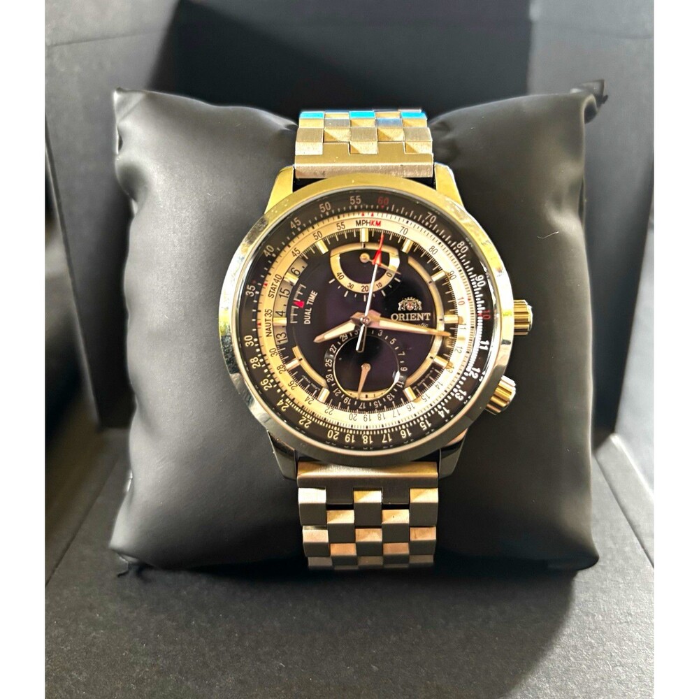 ORIENT Automatic Dual Time Chrono SS luxury Watch w/Calc Scales MPH KM NAUT STAT